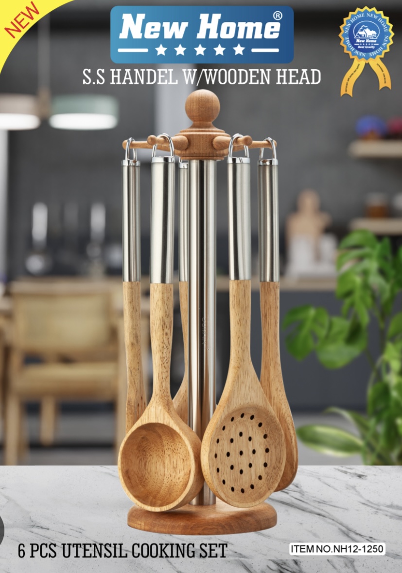 ست 6 پارچه کفگیر و ملاقه نیوهوم طرح چوبی دسته استیل کد NH12-1250