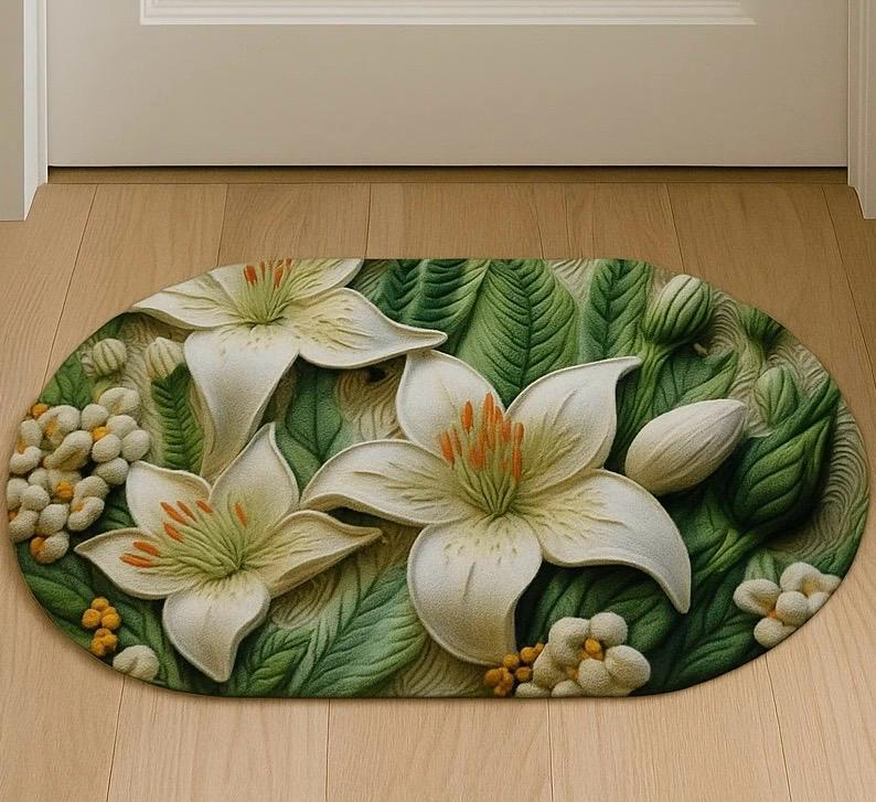 پادری طرح گل لیلیوم سه‌بعدی سفید و سبز سایز 60×40